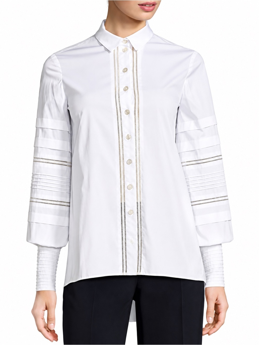 Carolina Herrera White Pleated Sleeve Button-Up Shirt Size 12